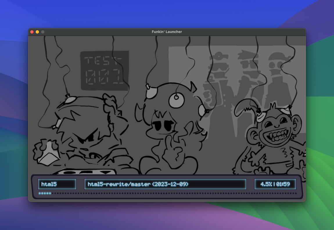 a MacOS application, which is currently downloading a build of the game. The application is titled “Funkin’ Launcher” and has a 16:10 aspect ratio. The upper 85% are taken up by a drawing of Boyfriend and Girlfriend in a test chamber. At the bottom there are three interactive elements that are greyed out currently: The left one is a selection for the game platform (showing “html5”). The middle one is a selection for the game version (showing “html5-rewrite/master” followed by the current date). The right one is a button. The button text has been replaced by the download progress in percent, followed by the estimated remaining download time. Below the three interactive elements is a progress bar for the download.